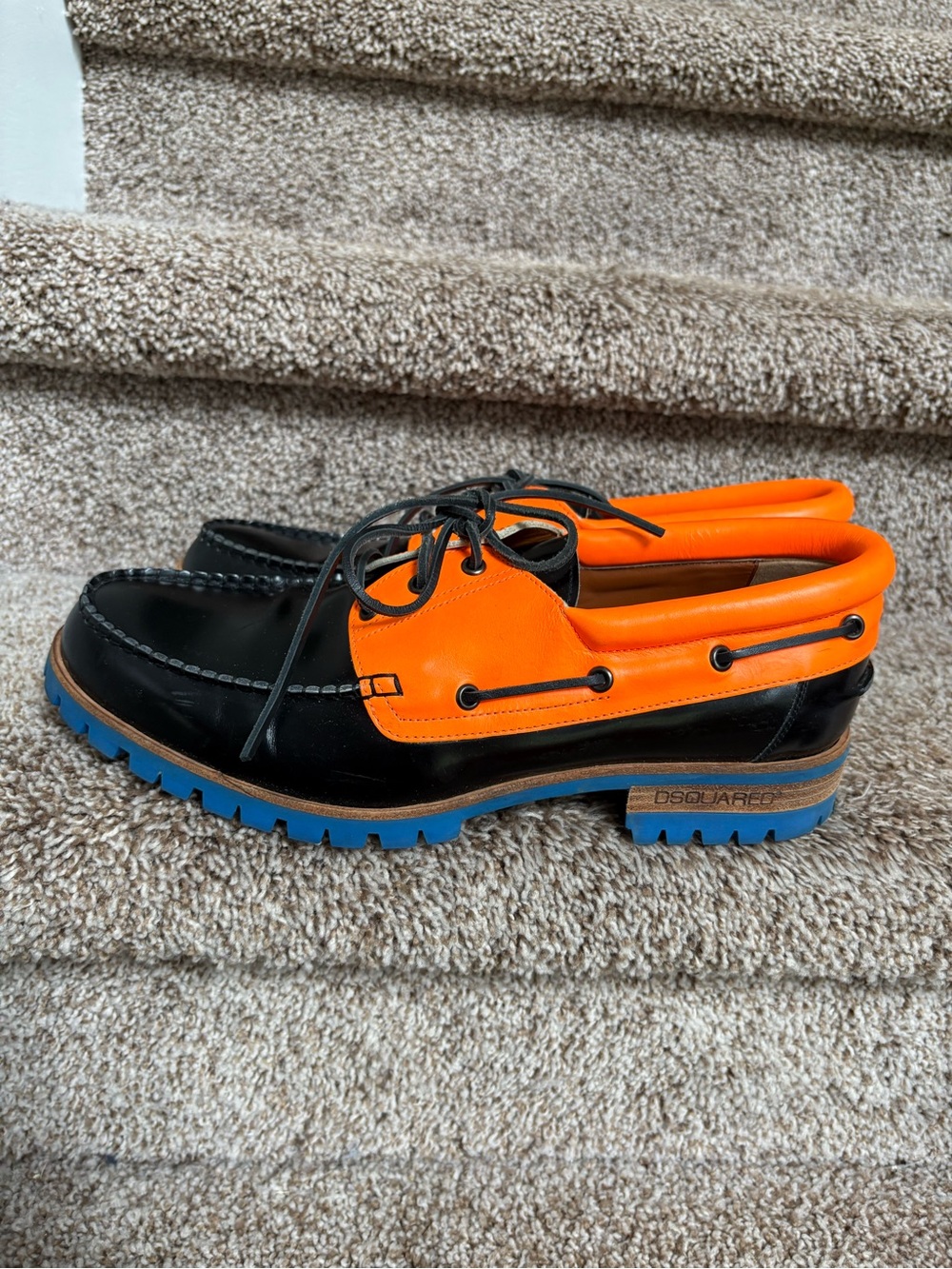 DSQUARED2 Black, Orange and Blue Leather Men’s Boat Shoes